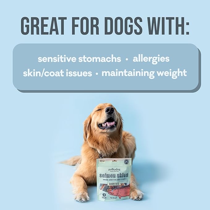 Polkadog Salmon Skins for Dogs (3oz Shortie) – All-Natural Dog Treats – Made in USA, Single Ingredient, Omega-3 Rich, Grain-Free & Hypoallergenic Salmon Jerky for All Breeds