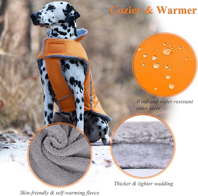 VIVAGLORY Frostfit Dog Coat, Dog Jacket for Winter & Cold Weather, Warm Fluffy Fleece Lined Water Resistant Reflective for Puppy, Coat with Velcro Fastening & Leash Hole, S, Orange