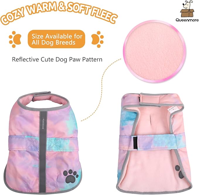Queenmore Dog Winter Coat, Cold Weather Fleece Jacket for Dogs, Waterproof Reflective Reversible, for Small, Medium and Large Dogs (Tie-Dye, XL)