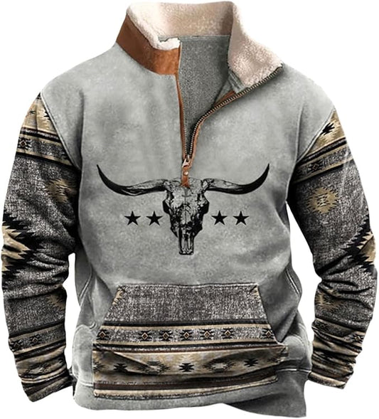 HOTYD Aztec Cowboy Mens Hoodie Vintage Graphic Western Hoodies Casual Long Sleeve 1/4 Zip Pullover Mens Country Jacket
