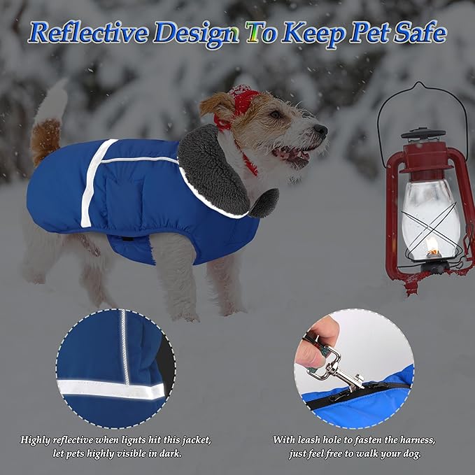 Dogcheer Warm Dog Coat, Waterproof Dog Jacket Christmas Puppy Winter Coat with Buckle, Reflective Adjustable Pet Snow Jacket Turtleneck Fleece Sweater for Small Medium Large Dogs - Blue, XL