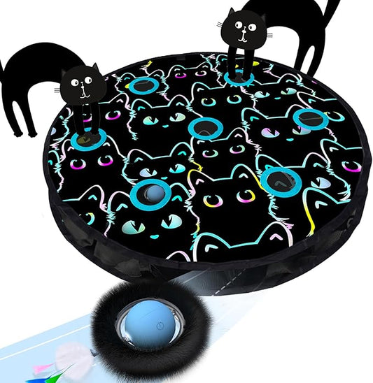 ORSDA Cat Toys, Interactive Fast Rolling Ball in Pouch, Hide and Seek for Indoor Cats, Motion Chirping Activated Moving Ball, 7 Holes Mat Mouse Catching Game