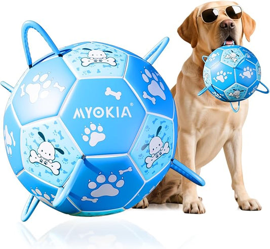 Size 3 Blue Dog Soccer Ball with Straps Eye-Catching Bone and Paw Print Design, Ultra-Durable Training Ball for Pets Interactive Outdoor Dog Toy, Perfect for Medium & Large Puppies