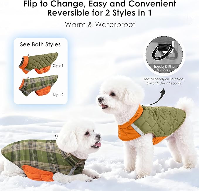 Quilted Dog Winter Coat, Plaid Lined Reversible Vest, Reflective Safety Strip, Cold Weather Pet Apparel Army Green M