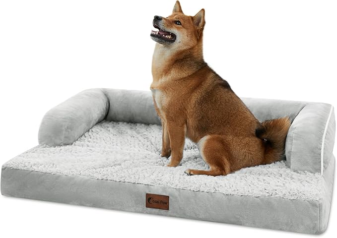 Orthopedic Dog Beds for Large Sized Dogs, Waterproof Egg Crate Foam Large Dog Couch Beds with Comfy Bolster 36x27Inch, Washable Pet Beds with Removable Cover and Nonskid Bottom, Grey White