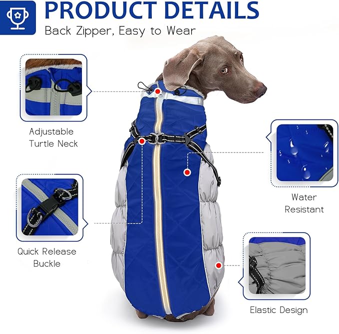 Dog Winter Coat with Harness, Dog Jacket, Pet Clothes with Zipper on Back, Waterproof Windproof Warm Vest, Reflective Cold Weather Coats, for Small Medium Large Dogs, Thick, Blue, L