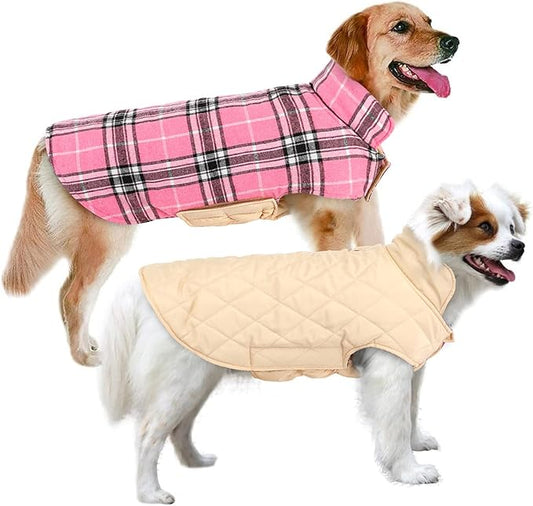MIGOHI Dog Jackets for Winter, Reversible, Windproof, Waterproof, Warm Dog Coat - British Style Plaid Dogs Winter Vest, Pink, 3XL