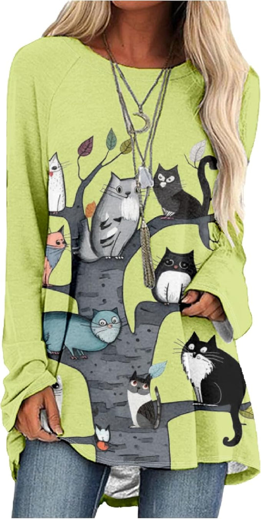 Womens Tunic Shirt Cute Cat Print Long Sleeve Round Neck Women T Shirts Cotton Casual Plus Size Vacation Tunics Tops