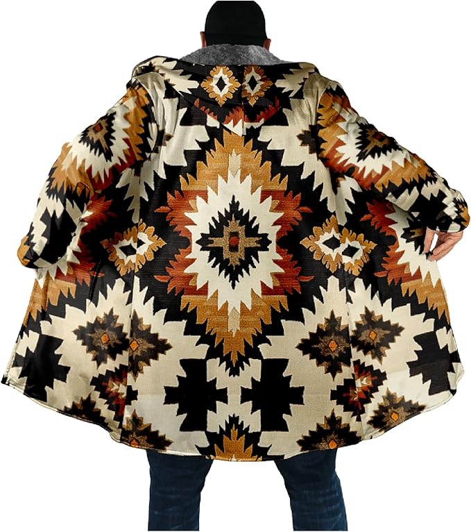 Mens Aztec Print Hoodie Heavyweight Cotton Fleece Jacket Zip Up Warm Long Sleeve Hooded Winter Midi Coat