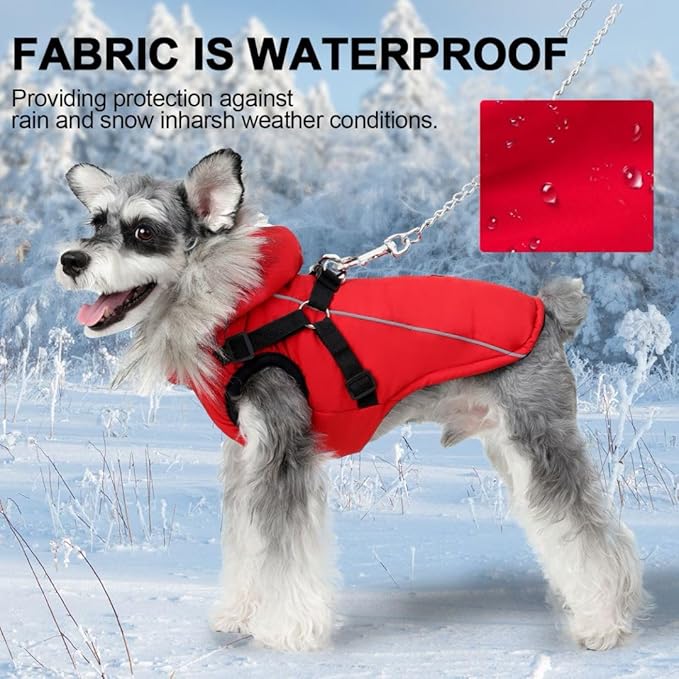 PINA Winter Coat - Dog Jacket with Waterproof Fabric, Warm Faux Fur Hood, Reflective Strap - Red, XL