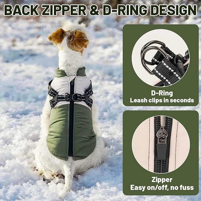 Dog Winter Coat for Small & Medium Dogs (Up to 31lb), Waterproof Dog Coat with Harness, Puppies Windproof Puppy Puffer Jacket, Snowsuit for Dachshund,Frenchie, Corgi (Classic Green, XLarge)