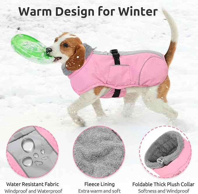 Queenmore Large Dog Cold Weather Coats, Fleece Collar Dog Apparel for Winter, Thick Dogs Snowsuit, XXL Pet Jackets Winter with Quick Release, Pink, XXL