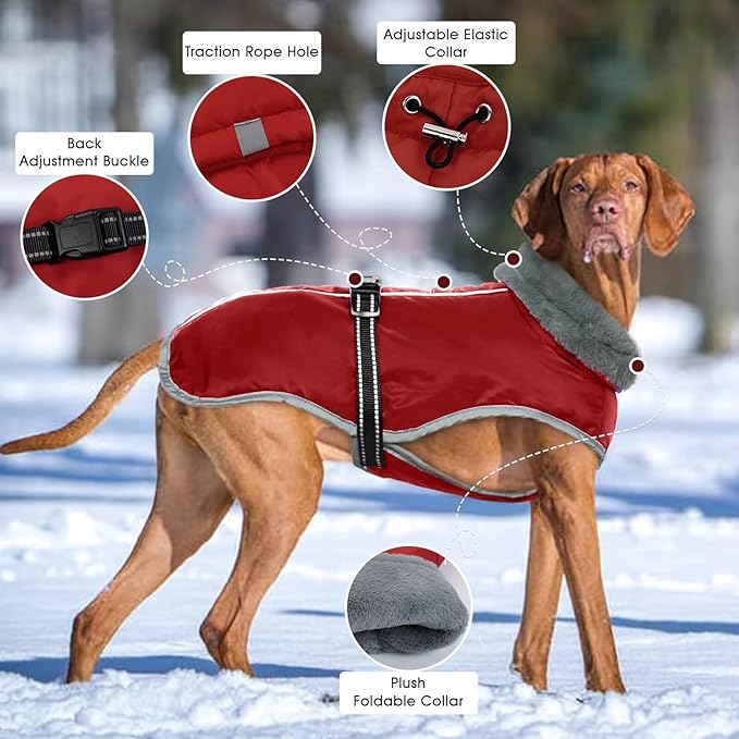 Dog Winter Jackets for Large Dogs,Size L Warm Pet Coat with Leash Hole,Waterproof Dogs Snowsuits Warm Pet Jacket Fleece Cold Weather Coats Reflective Puppy Vest,Dog Cold Weather Coats,Red,L