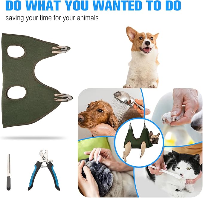 10 in 1 Dog Grooming Hammock Harness with Clippers/Trimmer, Dog Nail Hammock, Grooming Sling Holder Hanger Restraint for Nail Trimming/Clipping (S/Under 30lb, Khaki Green)