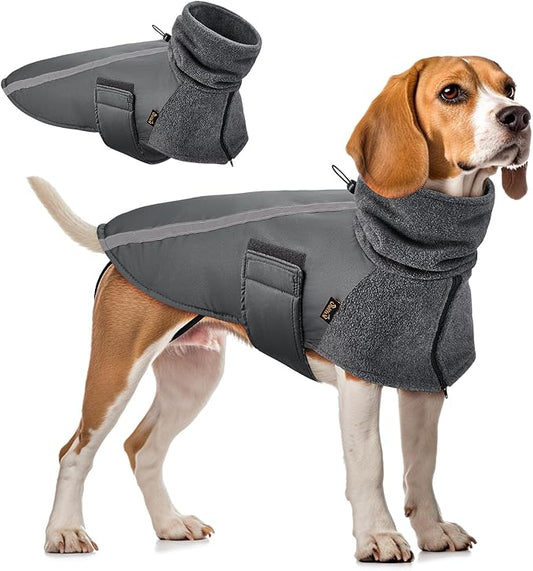 SlowTon Winter Dog Coat, Warm Polar Fleece Lining Doggie Outdoor Jacket with Turtleneck Scarf Reflective Stripe Adjustable Waterproof Windproof Puppy Vest Soft Pet Outfits (M,Grey)
