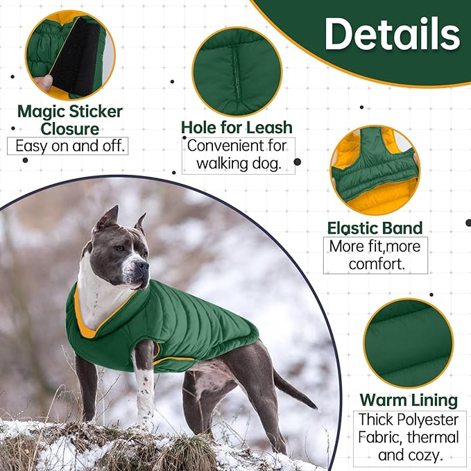 Lelepet Reversible Dog Coat Waterproof Dog Jacket Windproof Puffer Vest for Winter Warm Lightweight Coats for Medium Dogs Adjustbale Hook & Loop Pet Apparel with Leash Hole, French Bulldog, Green L