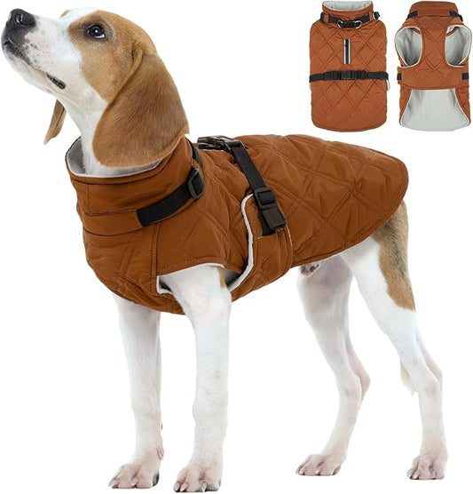 Kuoser Dog Coat Warm Fleece Lining Turtleneck Dog Jacket with Harness Built-in, Adjustable Windproof Cold Weather Coats with Quick Release Buckle Pet Winter Snowsuit for Small Medium Dogs, Khaki M