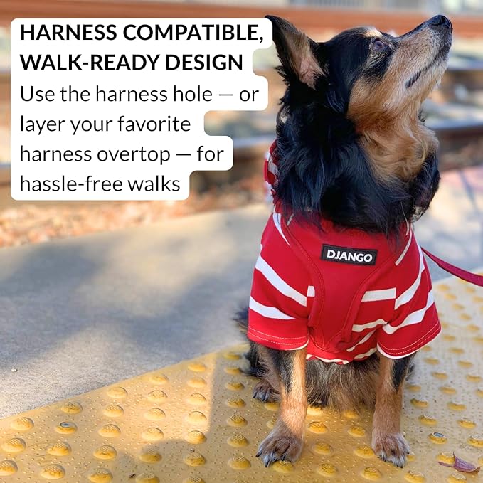 DJANGO Dog Hoodie – Warm, Lightweight, Soft & Stretchy Dog Sweater with Hood, Harness Hole & Elastic Waistband – Cozy Sweatshirt for Small Dogs up to 25 lbs, Dachshunds & Puppies – Crimson Red, XS