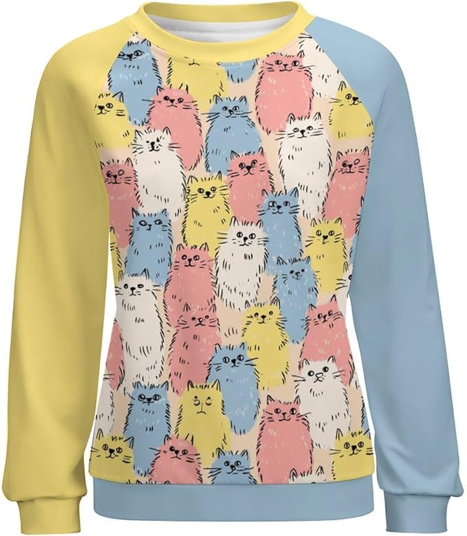 Abstract Cute Cat Shirts for Women Long Sleeve Lady Crewneck Pullover Sweatshirt Fall Winter Oversized Tops