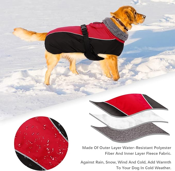 IDOMIK Dog Winter Coat, Reflective Waterproof Dog Jacket for Cold Weather, Warm Pet Coats for Small Medium Large Dogs, High Collar Doggy Fleece Snow Jacket, Winter Vest with Adjustable Buckle,L