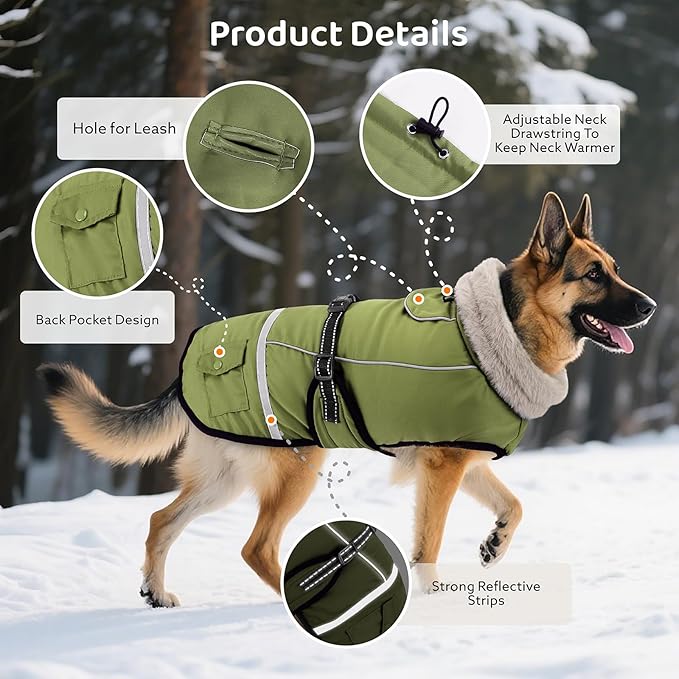 Dog Coat, Warm Dog Winter Coat Reflective Jacket Waterproof Fleece Vest, Pet Jacket Cozy for Cold Weather, Dogs Snowsuit Windproof, Adjustable Buckle for Large Dogs
