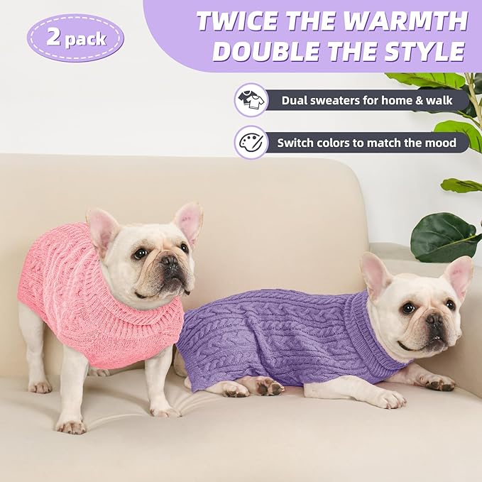 2 Pack Dog Sweaters for Medium Dogs Turtleneck Pullover Cable Knit Stretch Clothes French Bulldog Dachshund Boston Terrier Corgi Beagle Pug Boy Girl Pets Winter Clothes (M, Pink & Purple)