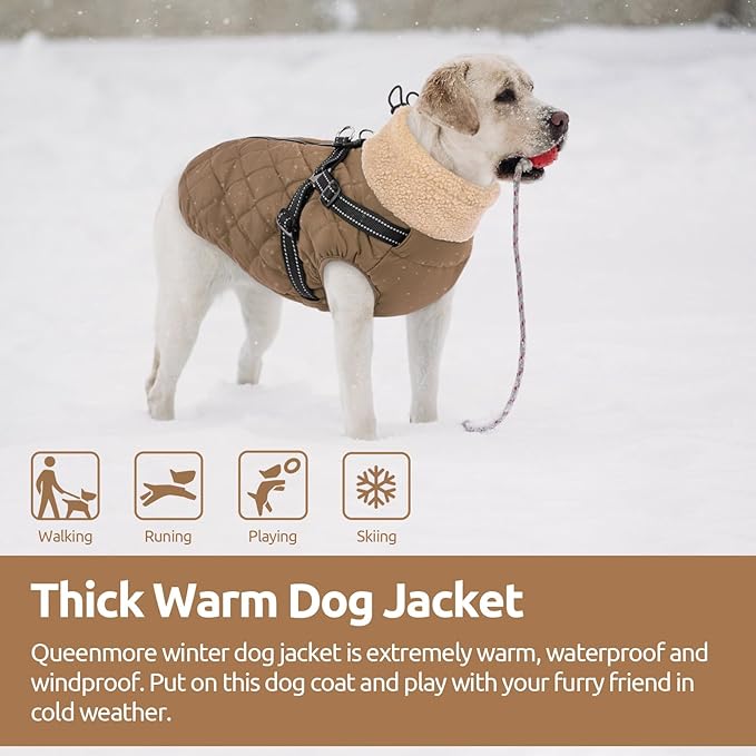 Queenmore Dog Jackets for Large Dogs, Dog Coat with Harness Built-in, Thick Fleece Lining Waterproof Jacket for Large Breeds, Back Zipper Pet Winter Jacket for Retriever, Labrador, Brown XL