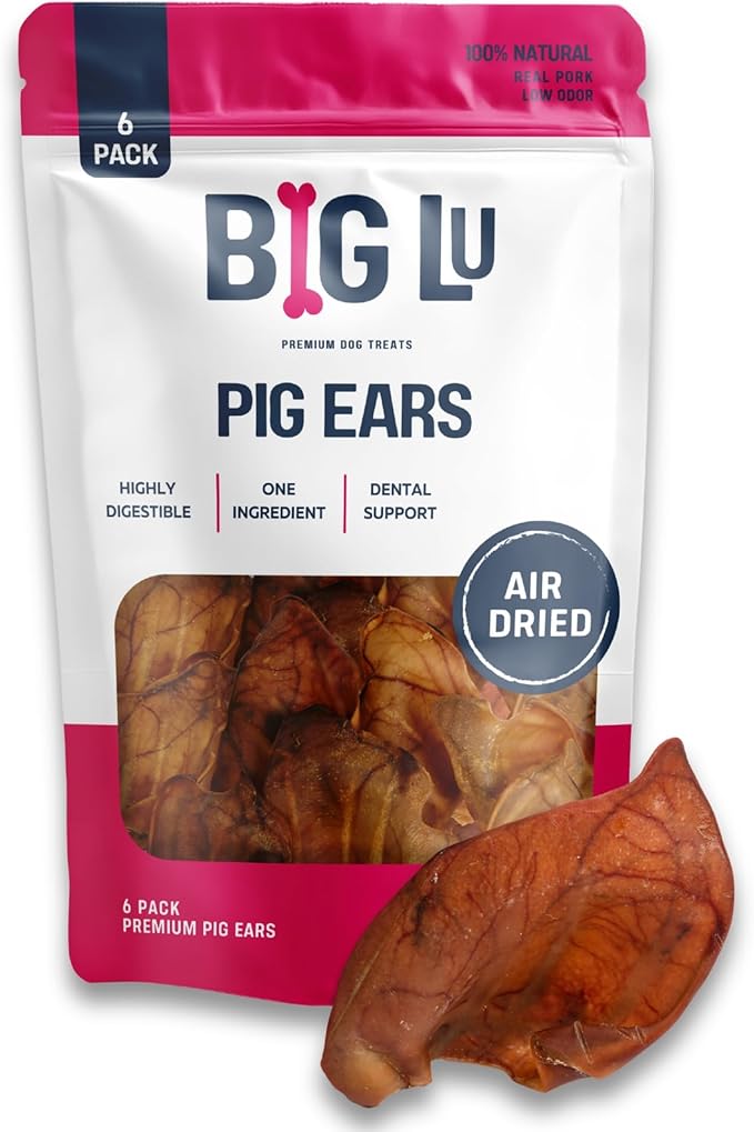 Big Lu – Pig Ear Dog Chews, 6 Count, All-Natural Single-Ingredient Pork Treats, Easily Digestible, Supports Joint Health with Glucosamine and Chondroitin