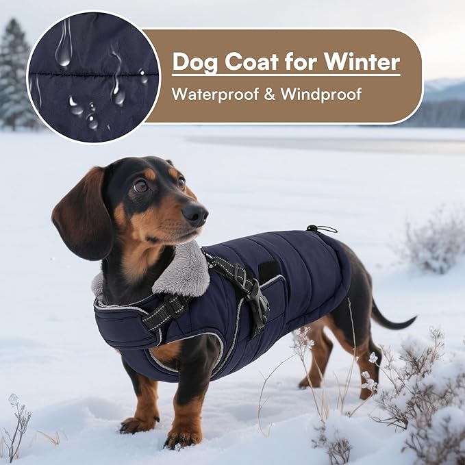 Queenmore Winter Dog Jackets for Medium Dogs with Harness Built-in, Waterproof Puffer Jacket for Snow/Cold Weather, Pet Warm Coat for Doggie Boy/Girl - Fleece Lining Reflective Easy-on, Navy M