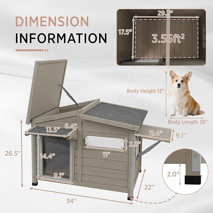 Outdoor Dog House, Weatherproof Wooden Kennel for Medium Dogs, Large Wooden Dog House with Chew-Proof Iron Frame, Removable Floor (Grey, 43.5" D x 29.5" W x 33.5" H) (Grey, 34" D x 22" W x 26.5" H)
