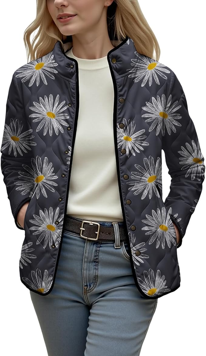 LIZALIG Women's Cropped Puffer Jacket Lightweight Floral Print Long Sleeve Padded Quilted Puffy Cardigan Coat
