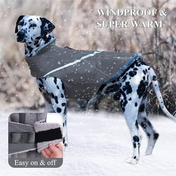 VIVAGLORY Snowrap Dog Coat, Jacket with Harness Hole & Velcro Closure, Dog Coat for Winter & Cold Weather, Fluffy Warm Fleece Lined Reflective Water Resistant for Puppy, M, Grey