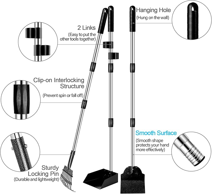TNELTUEB Dog Pooper Scooper Set, 3 Pack Adjustable 49.1 Inches Long Handle Metal Tray, Rake and Spade Poop Scoop for Waste Removal, No Bending Clean Up for Large and Small Dog