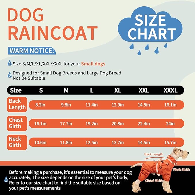BRKURLEG Dog Raincoat for Small Dogs, Small Dog Rain Jacket with Harness Built in, Waterproof 4 Legs Pet Raincoats, Puppy Outdoor Jacket with Reflective Strip, Orange, S