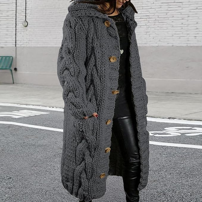 LOAIHA Women Chunky Cable Knit Long Sleeve Cardigan Fall Winter Trendy Oversized Button Down Sweaters Outerwear with Pocket