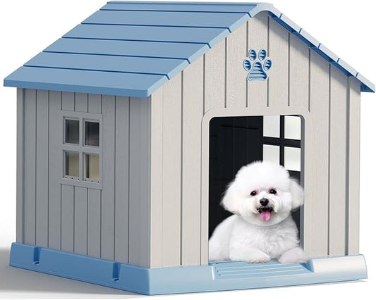 Dog House Outdoor Indoor - Waterproof, Ventilated, Easy to Clean, Elevated Floor for Small-Large Dogs, Easy to Assemble (Blue, 31" L x 33.3" W x 33.5" H)