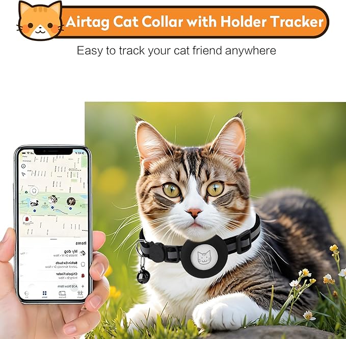 2 Pack Airtag Cat Collar with Bell, Reflective Nylon Kitten Collar with Apple Air Tag Holder and Breakaway Safety Buckle for Puppy Girl Boy Cats, 3/8" in Width and Lightweight, Black/Orange