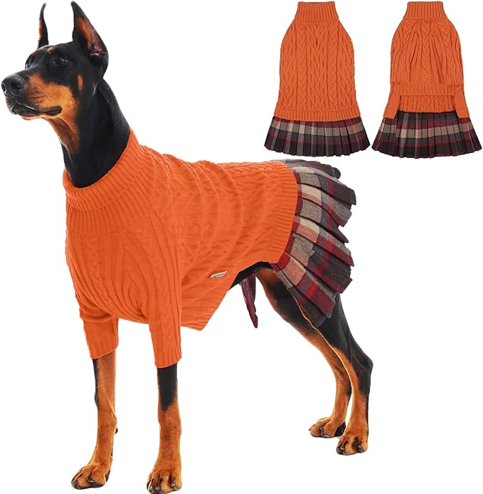 IECOii Girl XXL Dog Sweater Dress, Cozy Cable Knit Dog Sweater for Large Dogs Girl, Orange, XXLarge, 2XL Pet Pullover Knitted Dress for Winter, Turleneck with Sleeve, Warm Sweaters for Female Pitbull