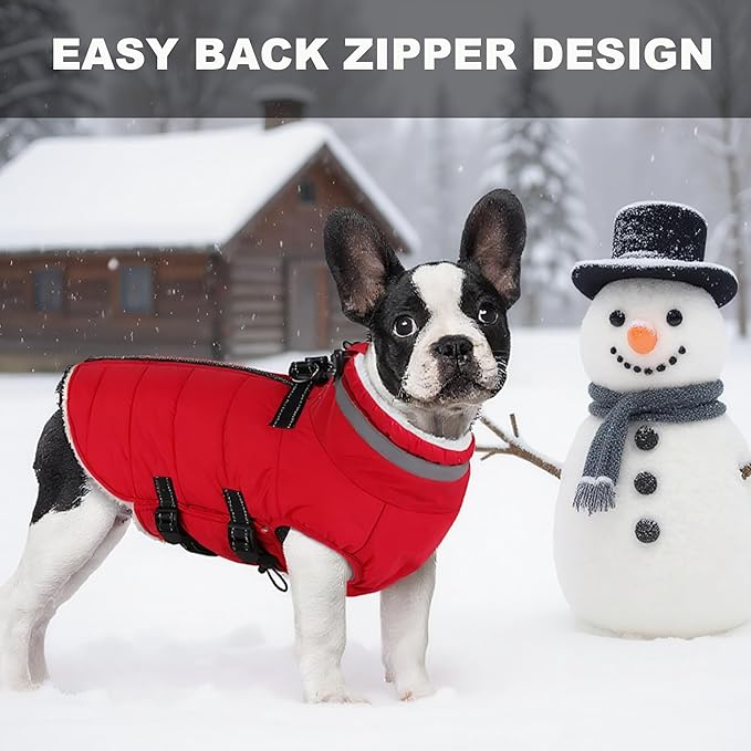 Large Dog Coat with Harness Built-in, Waterproof Reflective Fleece Lined - Warm Windproof Winter Jacket with Back Zipper, Cold Weather Snow Dog Coats - Red - XL