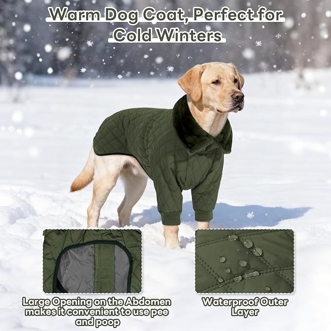 IDOMIK Dog Winter Coat for Large Dogs, Warm Dog Winter Jacket with Fleece High Collar, Zippered Cold Weather Coats for Dogs, Waterproof Doggy Snow Jacket Clothes,Green,3XL