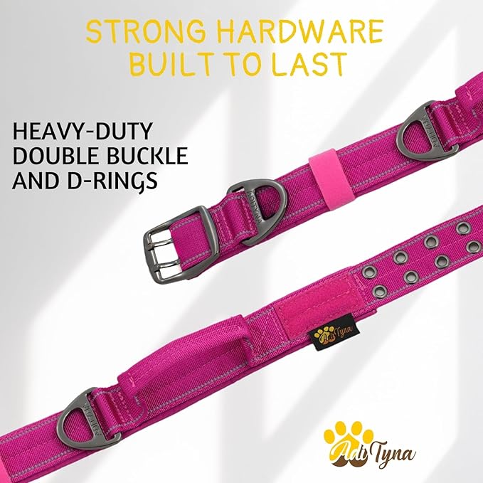 ADITYNA Heavy Duty Dog Collar for Large Dogs - Reflective Magenta Collar with Handle for Training, and Walking - Wide, Thick, Tactical, Soft Neoprene Padded