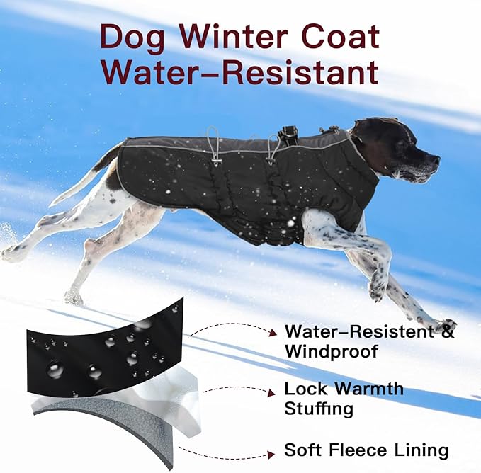 Dog Winter Jacket - Large, Warm Zip Up Snowsuit Dog Harness Vest, Reflective, Water-Resistant, Black