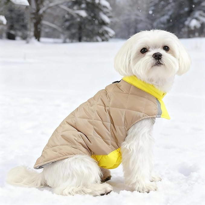 Quilted Dog Winter Coat, Plaid Lined Reversible Vest, Reflective Safety Strip, Cold Weather Pet Apparel Yellow XS