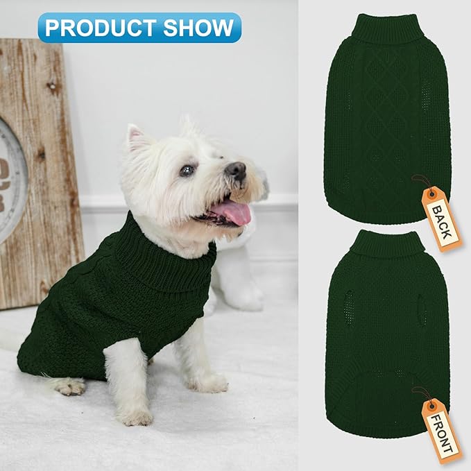 Mihachi Turtleneck Dog Sweater - Winter Coat Apparel Classic Cable Knit Clothes with Leash Hole for Cold Weather, Ideal Gift for Pet in New Year Army Green Small/Medium