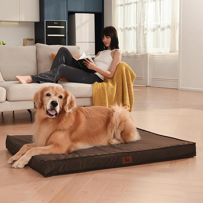 Outdoor Dog Bed for Small Dogs & Cats, Waterproof Dog Crate Mat Orthopedic Egg Crate Foam with Washable Removable Oxford Cover, Brown