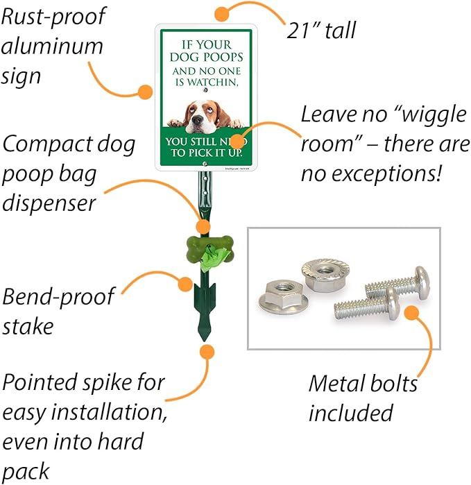 SmartSign If Your Dog Poops You Still Need To Pick Up Yard Sign & Clip-On Dispenser Combo/Kit, 7"x10" Aluminum Sign with 18-inch Steel Stake, Compact Dispenser Preloaded with a 15 Poop Bags Roll
