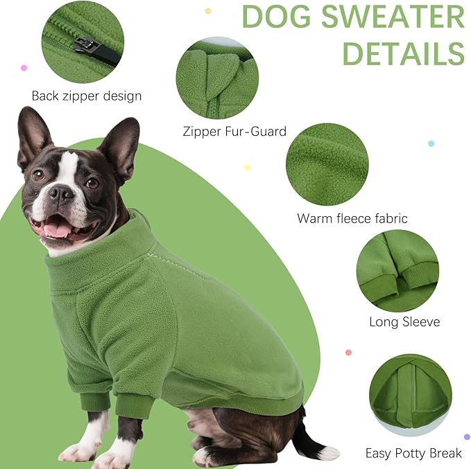 BRKURLEG Dog Sweater Dogs Warm Soft Fleece Sweaters, Turtleneck Sweatshirt for Small Medium Large Dogs, Dog Winter Coat, French Bulldog Pullover Jacket with Sleeve, Cold Weather Coat (Green, L)