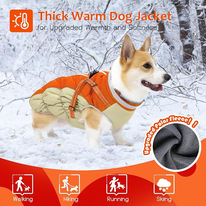Dog Winter Coat with Harness, Dog Jacket, Pet Clothes with Zipper on Back, Waterproof Windproof Warm Vest, Reflective Cold Weather Coats, for Small Medium Large Dogs, Thick, Orange, XL