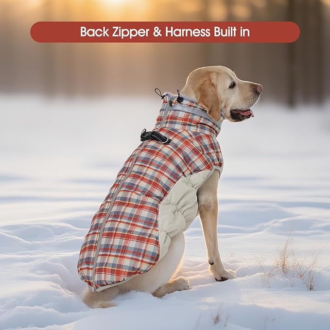 FUAMEY Dog Coat for Medium Dogs,Waterproof Dog Winter Jacket with Harness Built in Puppy Cold Weather Coats Reflective Pet Vest with Zipper Warm Fleece Dogs Snowsuit Windproof Red Plaid M