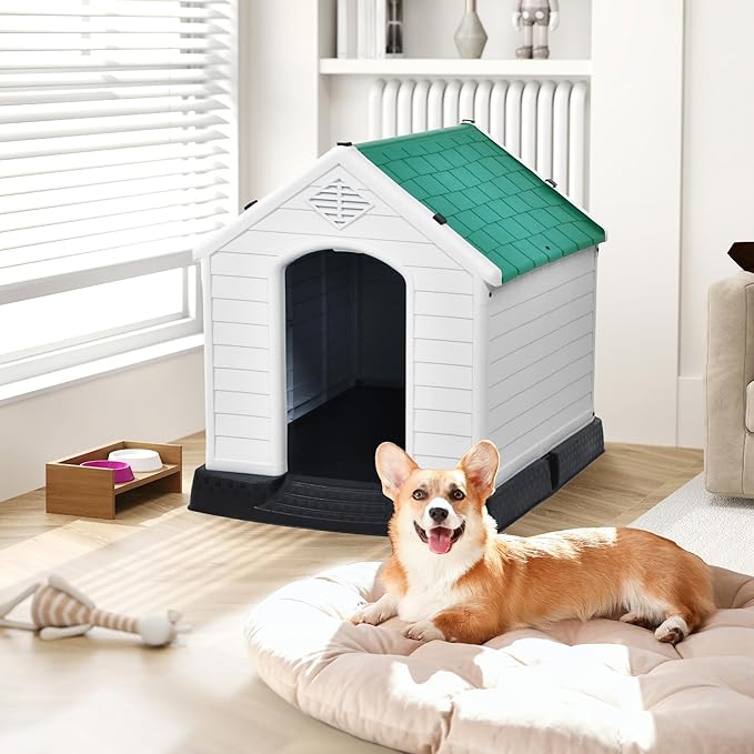 DWVO Plastic Dog House, Weatherproof Outdoor/Indoor Doghouse, Puppy Kennel with Air Vents and Elevated Floor